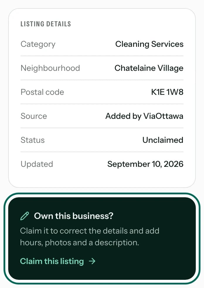The Listing details box on a ViaOttawa business page, reading Status: Unclaimed, above the dark Own this business? box with its Claim this listing link circled.