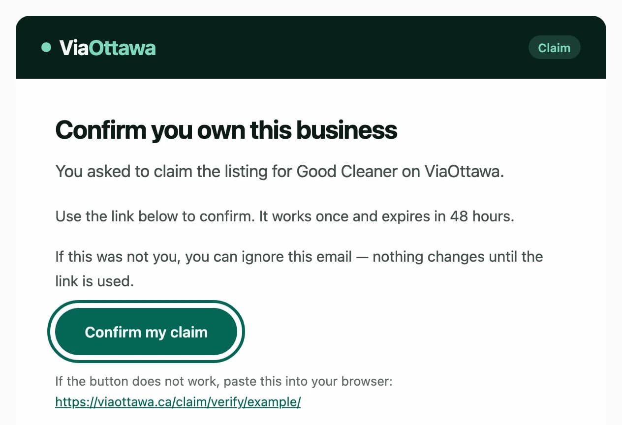 The ViaOttawa email headed Confirm you own this business, with its Confirm my claim button circled.
