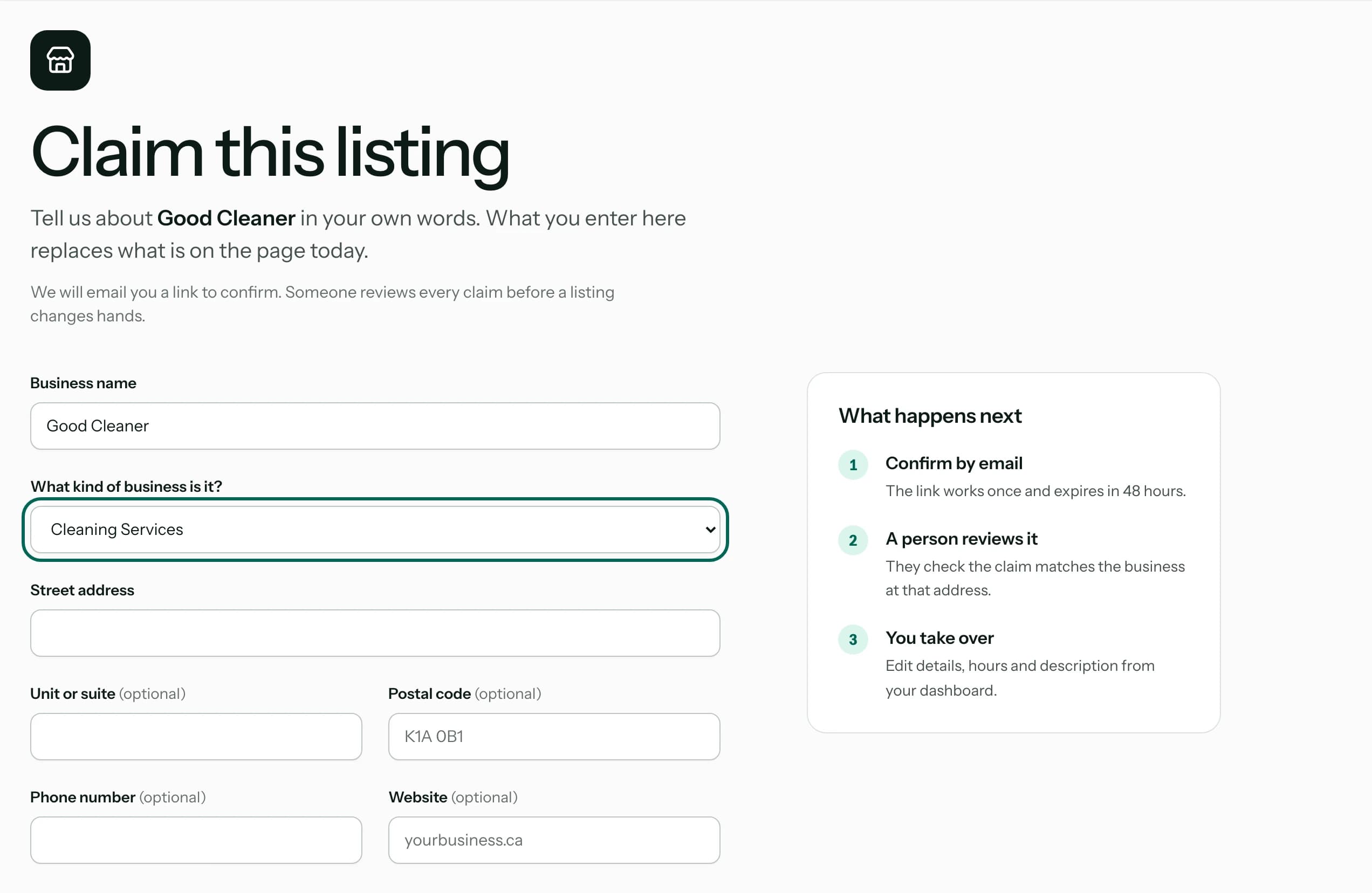 The Claim this listing form, with the business name filled in and the What kind of business is it? choice circled, beside a What happens next panel.