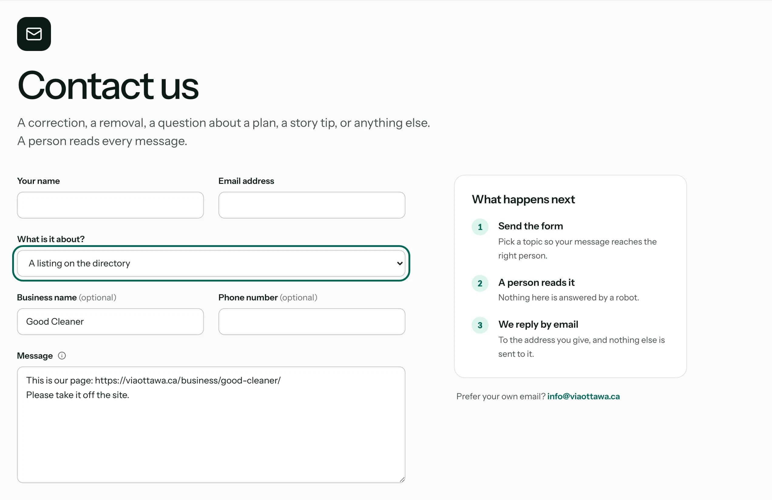 The ViaOttawa contact form, with A listing on the directory chosen and circled, and a message asking for a page to be taken off the site.