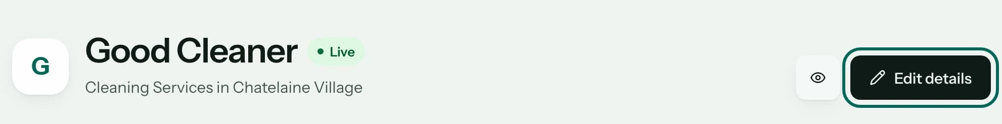 A business at the top of Your listings, marked Live, with its Edit details button circled.
