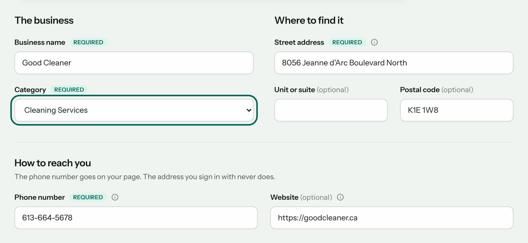 The edit form: business name, the Category choice circled, street address, postal code, phone number and website.