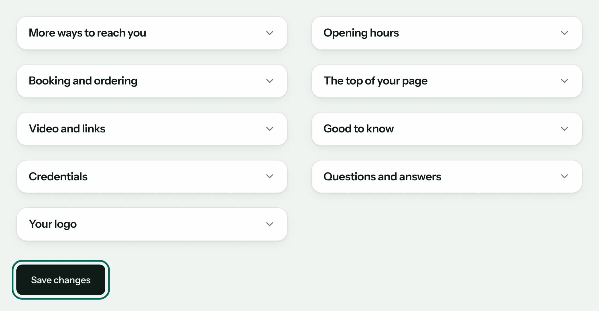 The closed sections of the edit form, from More ways to reach you to Your logo, and the Save changes button circled.