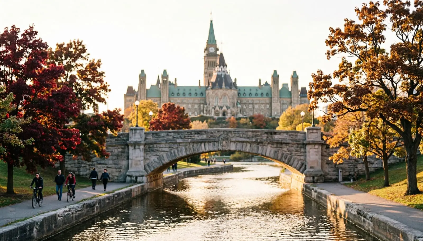 The Rideau Canal in autumn, with the Peace Tower behind the trees