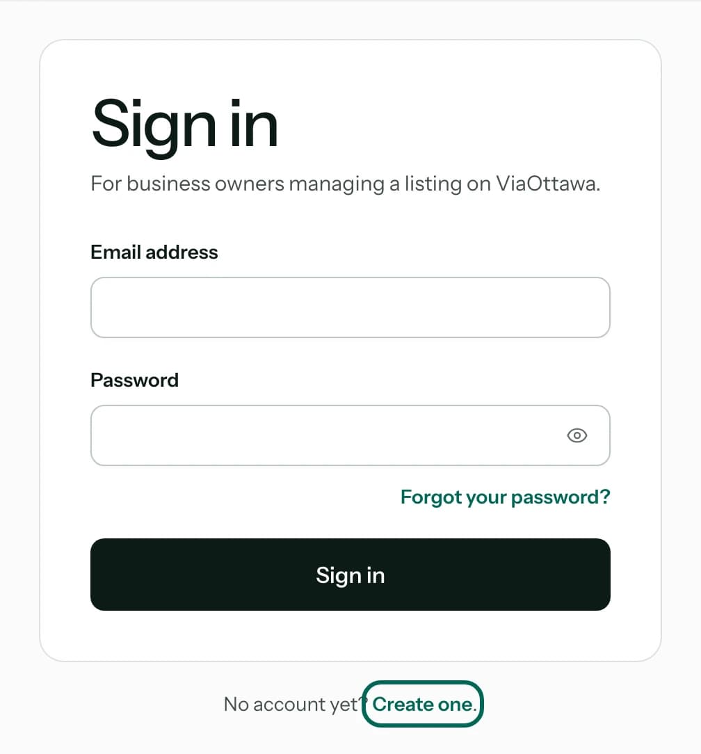 The ViaOttawa sign-in form, with email and password fields, and the Create one link under it circled.